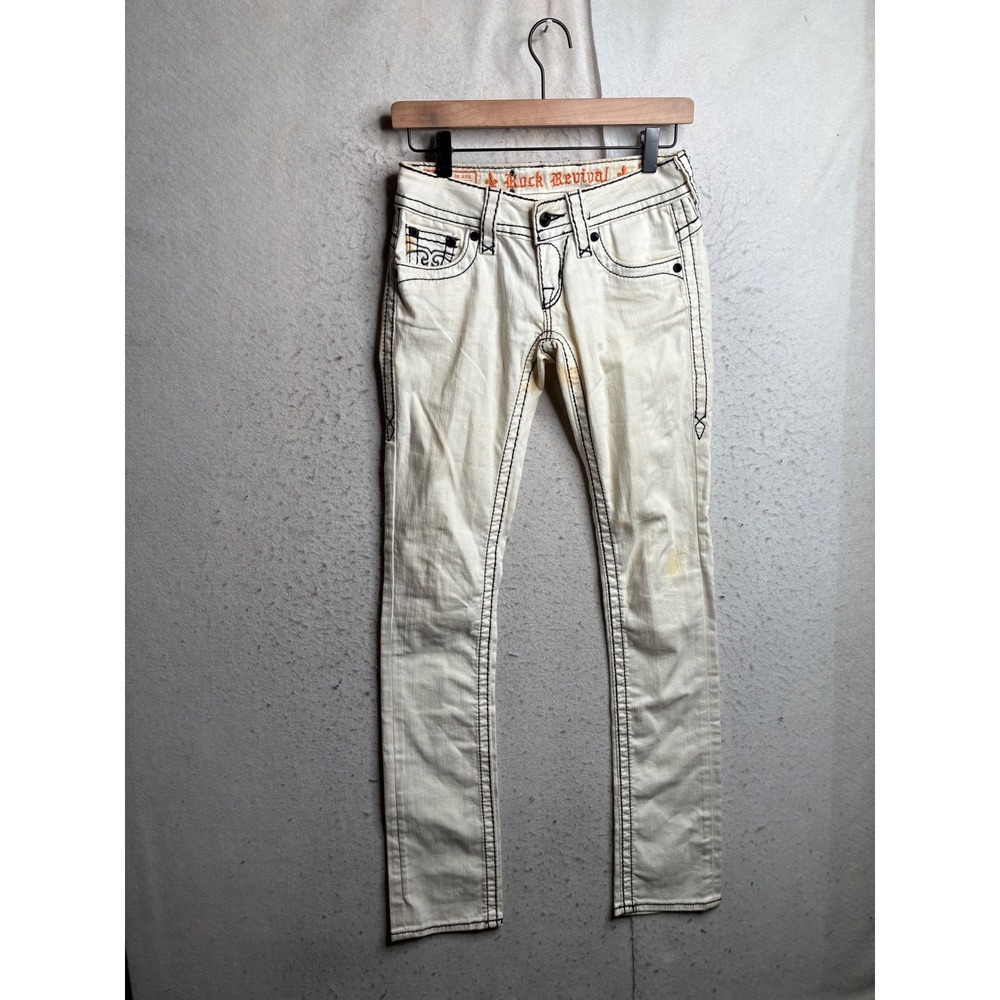 Rock Revival Jen Straight Cream Jeans Black Contrast Stitch Buckle E8156T54L 24